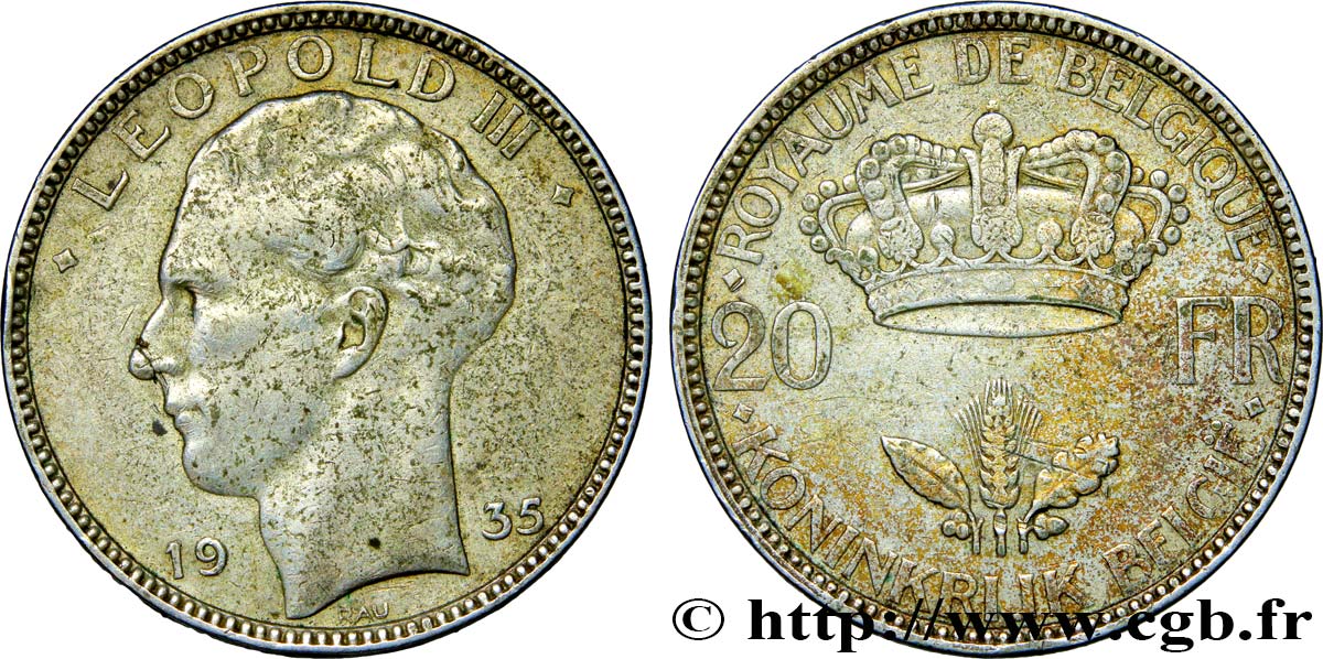BELGIQUE 20 Francs Léopold III position A 1935  TTB 