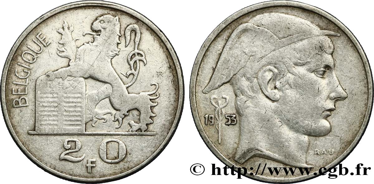 BELGIQUE 20 Francs Mercure, légende française 1953  TTB 