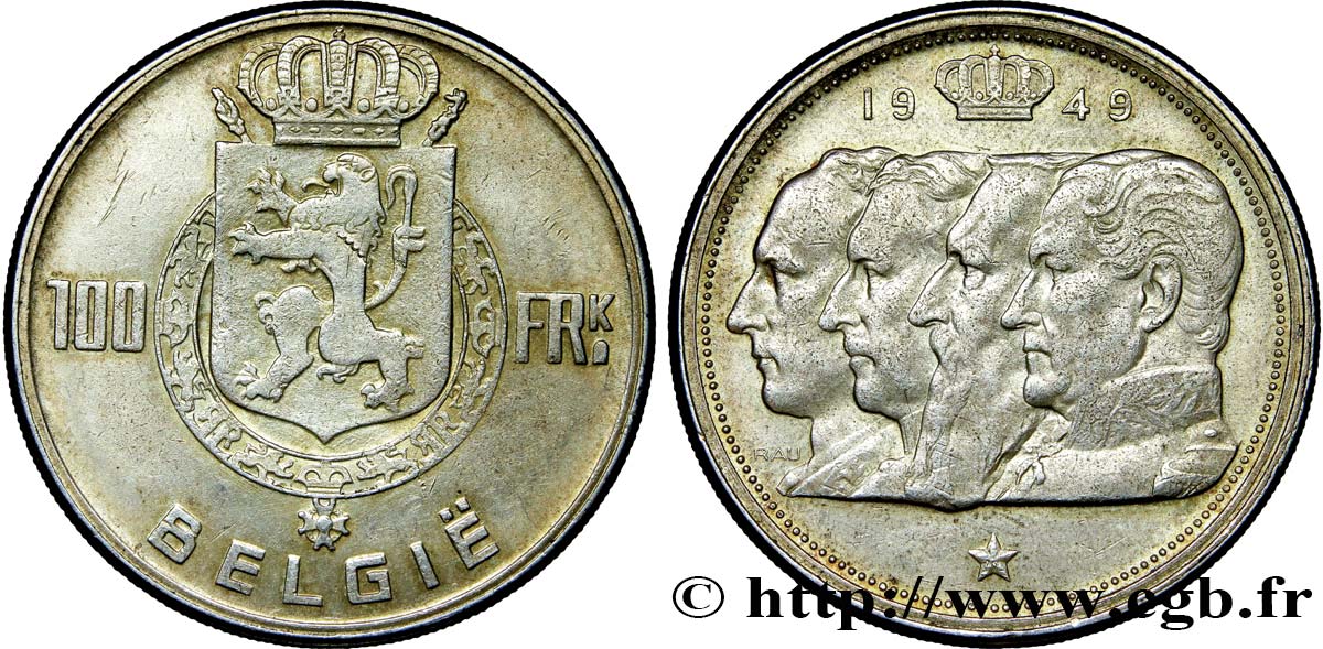 BELGIQUE 100 Francs bustes des quatre rois de Belgique, légende flamande 1949  TTB+ 