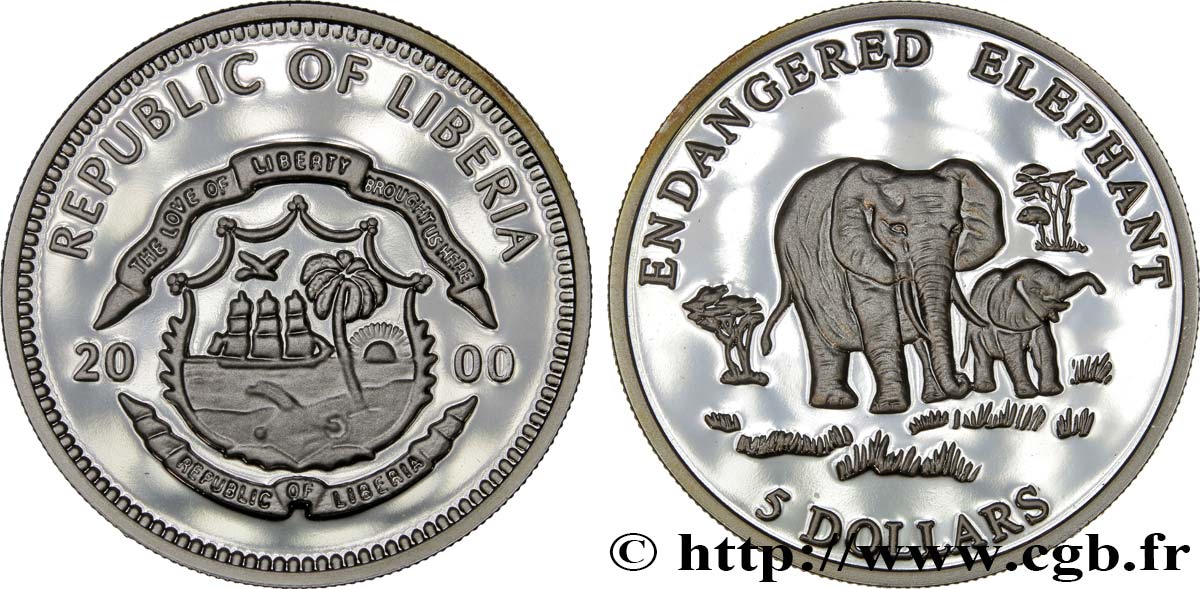 LIBERIA 5 Dollars Éléphants Proof 2000 MS