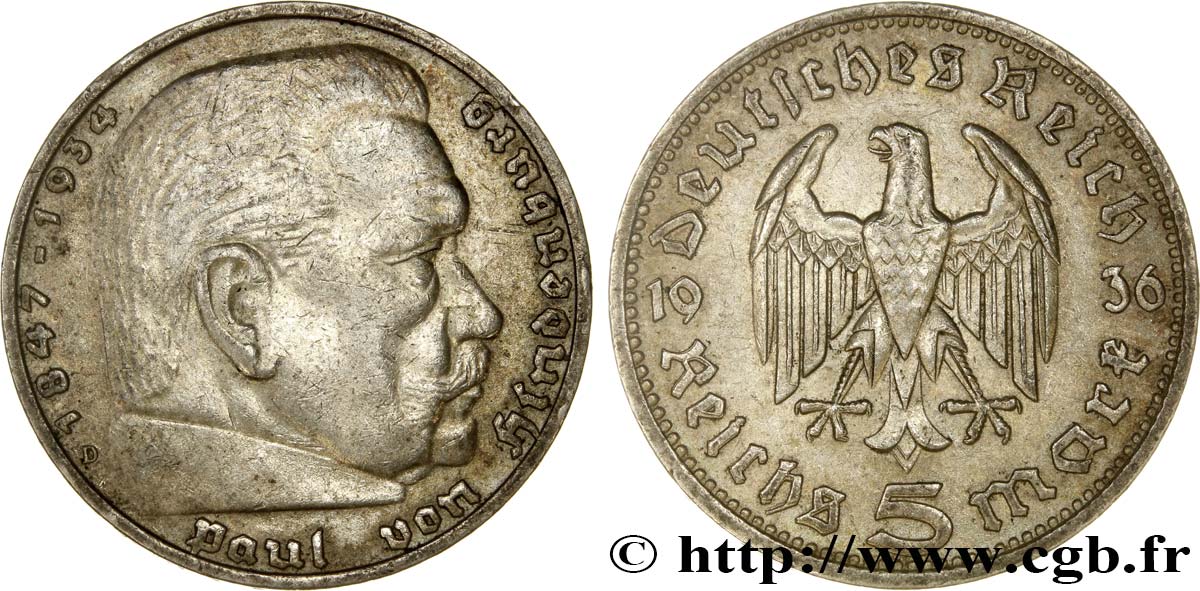 ALLEMAGNE 5 Reichsmark Maréchal Paul von Hindenburg 1936 Munich - D SUP 