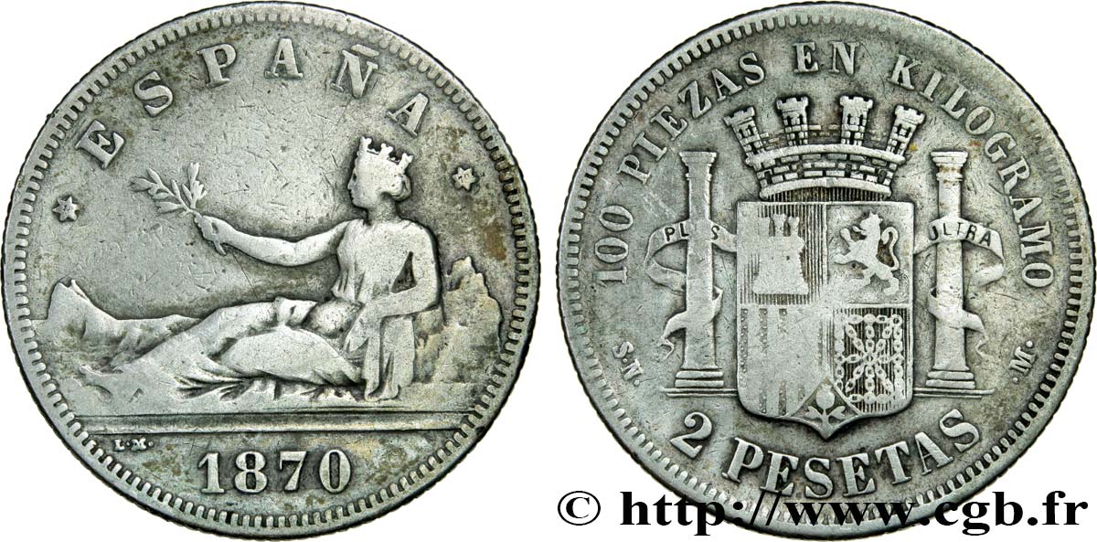 ESPAÑA 2 Pesetas “ESPAÑA” allongée / emblème (1870) 1870 Madrid BC+ 