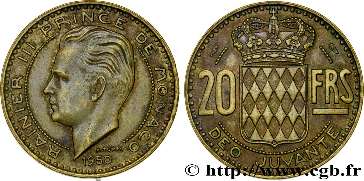 MONACO 20 Francs Rainier III / écu couronné 1950 Paris TTB+ 