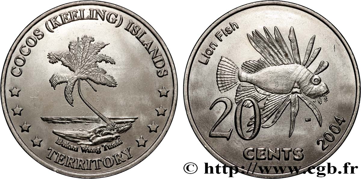 COCOS KEELING ISLANDS 20 Cents cocotier / poisson lion 2004  MS 