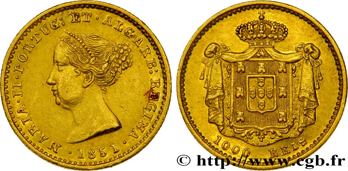 PORTUGAL 1000 Reis Marie II 1851  TTB 
