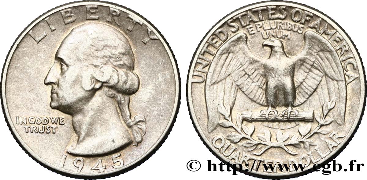 ÉTATS-UNIS D AMÉRIQUE 1/4 Dollar Georges Washington 1945 Philadelphie TB 