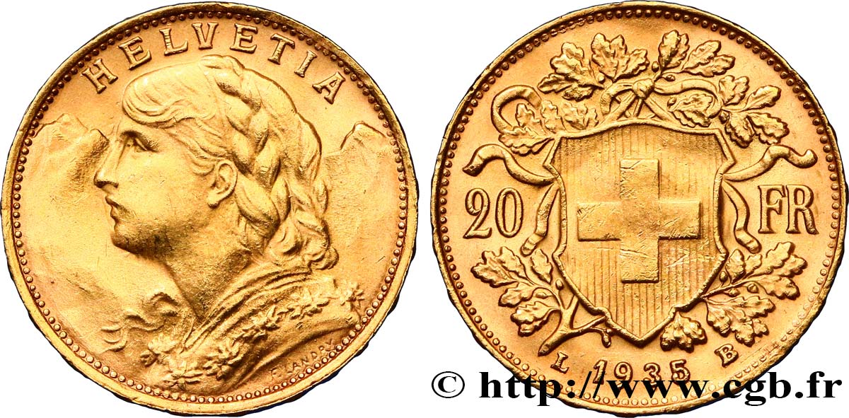 SWITZERLAND 20 Francs or  Vreneli   1935 Berne AU/AU 