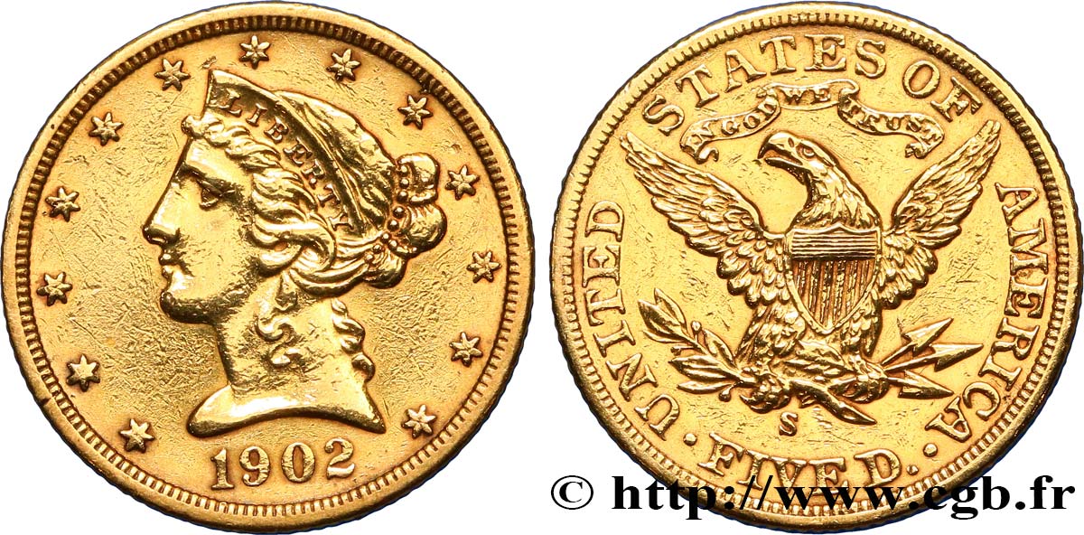 ÉTATS-UNIS D AMÉRIQUE 5 Dollars  Liberty  1902 San Francisco TTB 