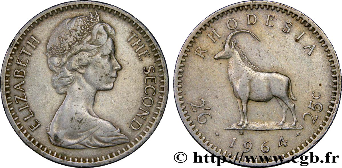 RODESIA 2 1/2 Shillings (25 Cents) antilope des sables 1964  MBC+ 