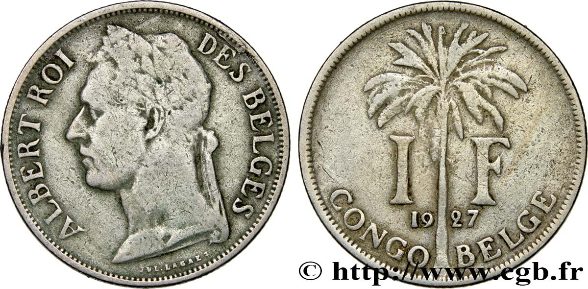 BELGIAN CONGO 1 Franc Albert légende française 1927  VF 