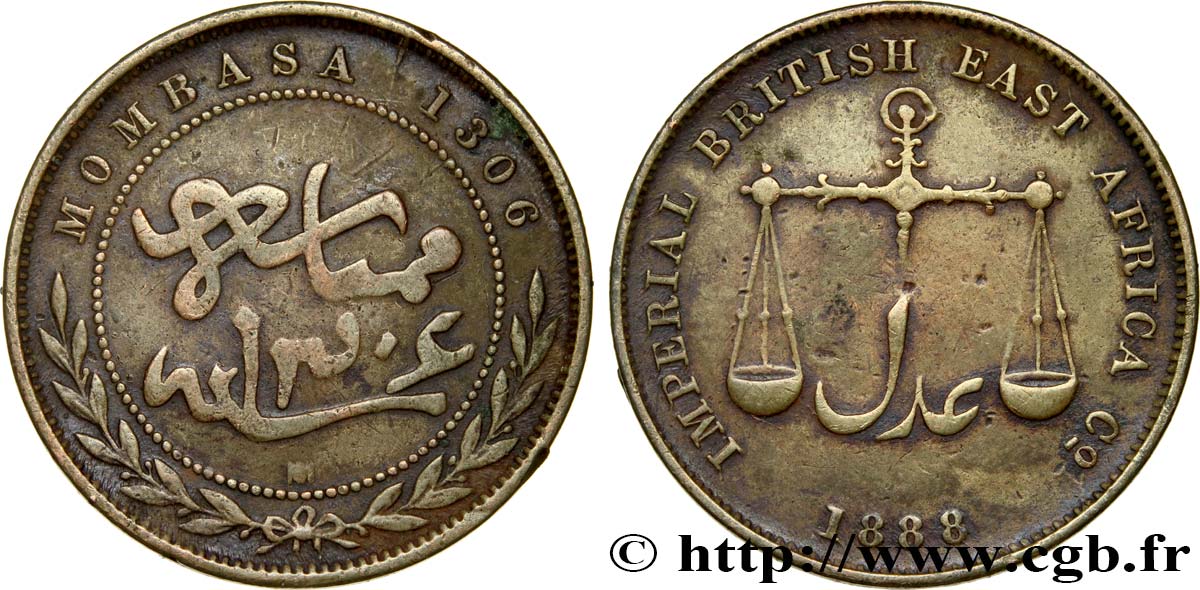 MOMBASA 1 Pice Imperial British East Africa Company AH1306 1888 Calcutta XF 