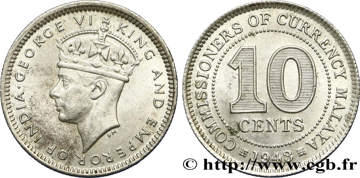 MALAYSIA 10 Cents Georges VI 1943  AU 