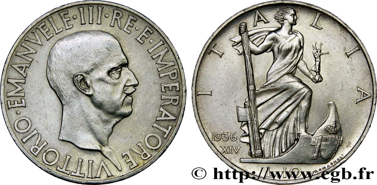 ITALY 10 Lire Victor Emmanuel III 1936 Rome - R AU 