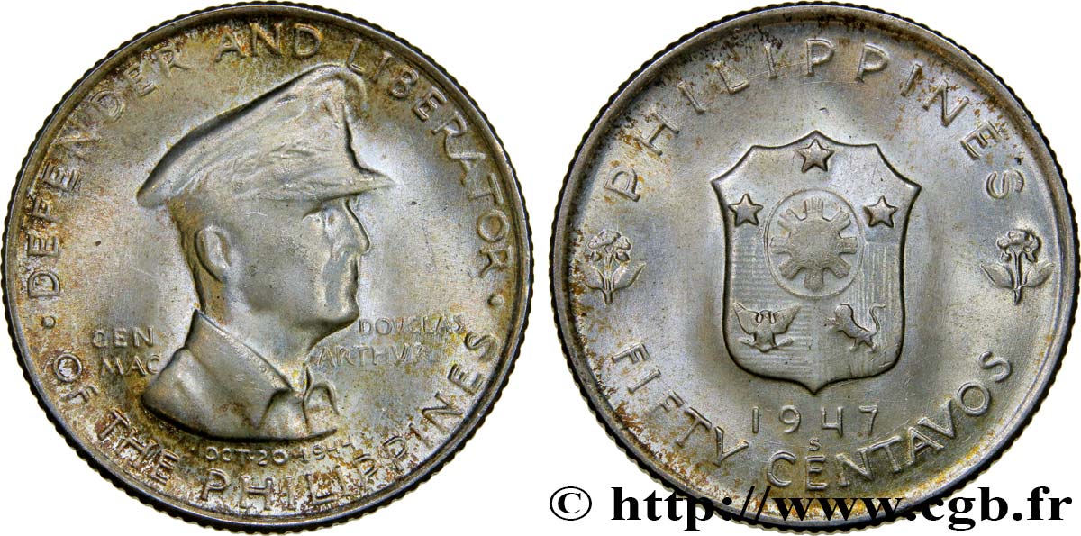 PHILIPPINES 50 Centavos Douglas McArthur 1947 San Francisco SPL 