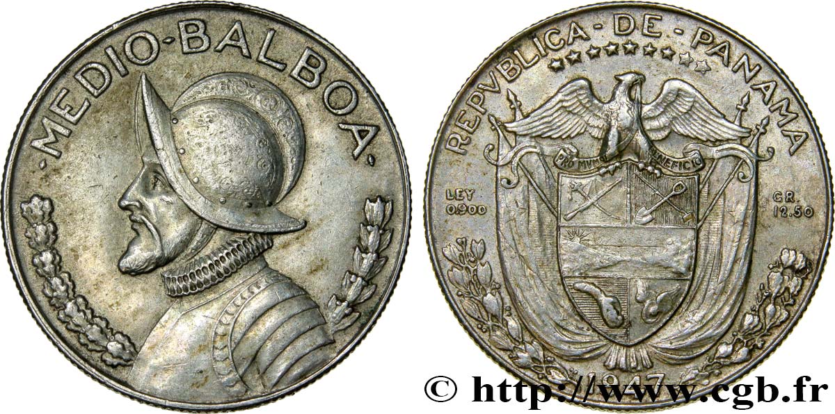 PANAMA 1/2 Balboa Vasco Nunez de Balboa 1947  TTB+ 