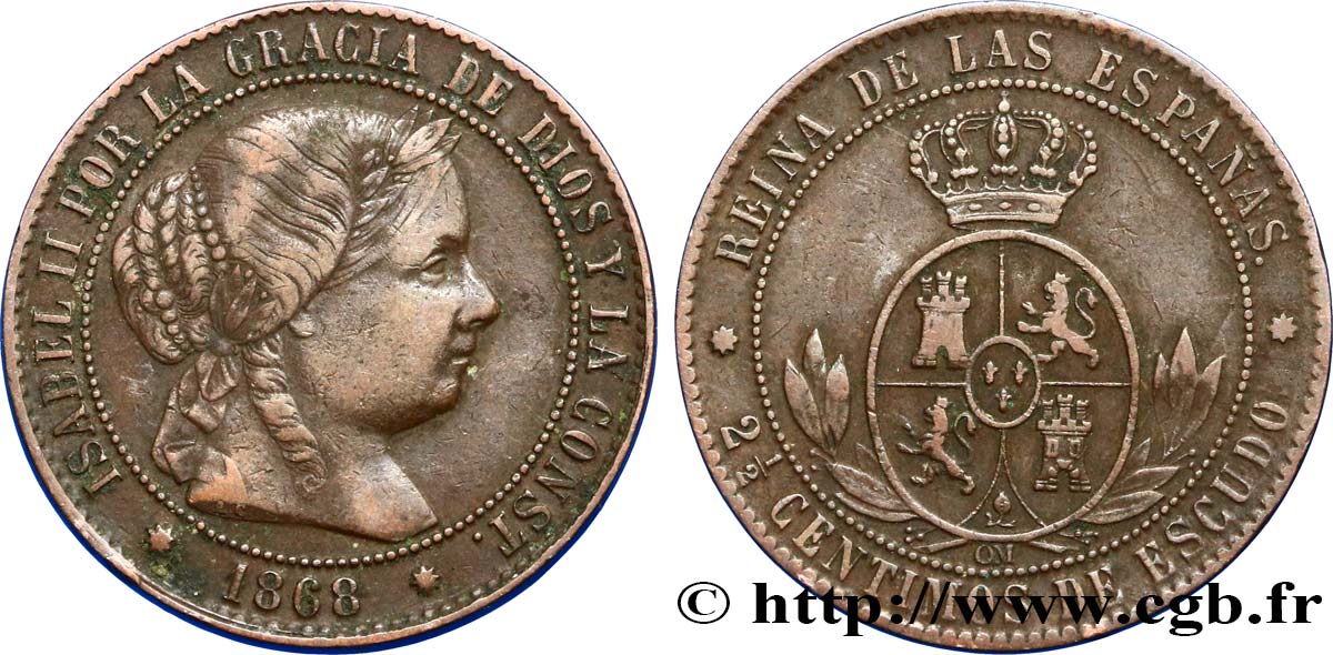 ESPAGNE 2 1/2 Centimos de Escudo Isabelle II 1868 Oeschger Mesdach & CO TB+ 