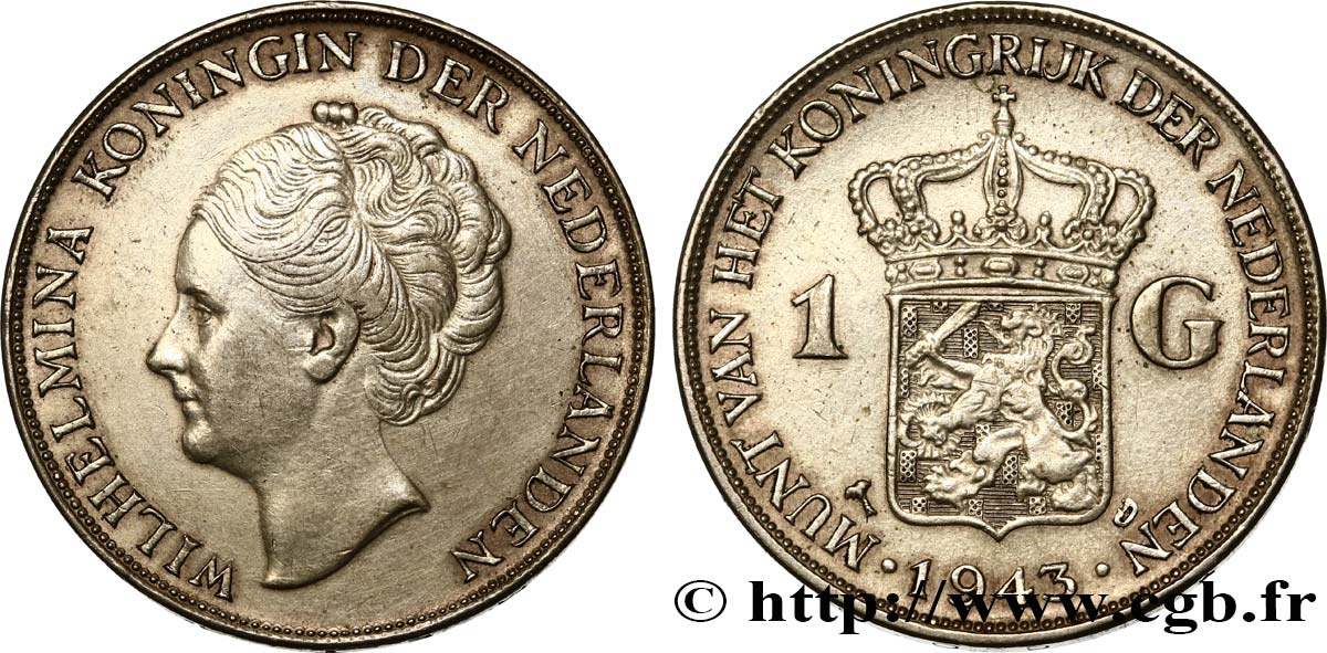 NETHERLANDS 1 Gulden Wilhelmina 1943  XF 