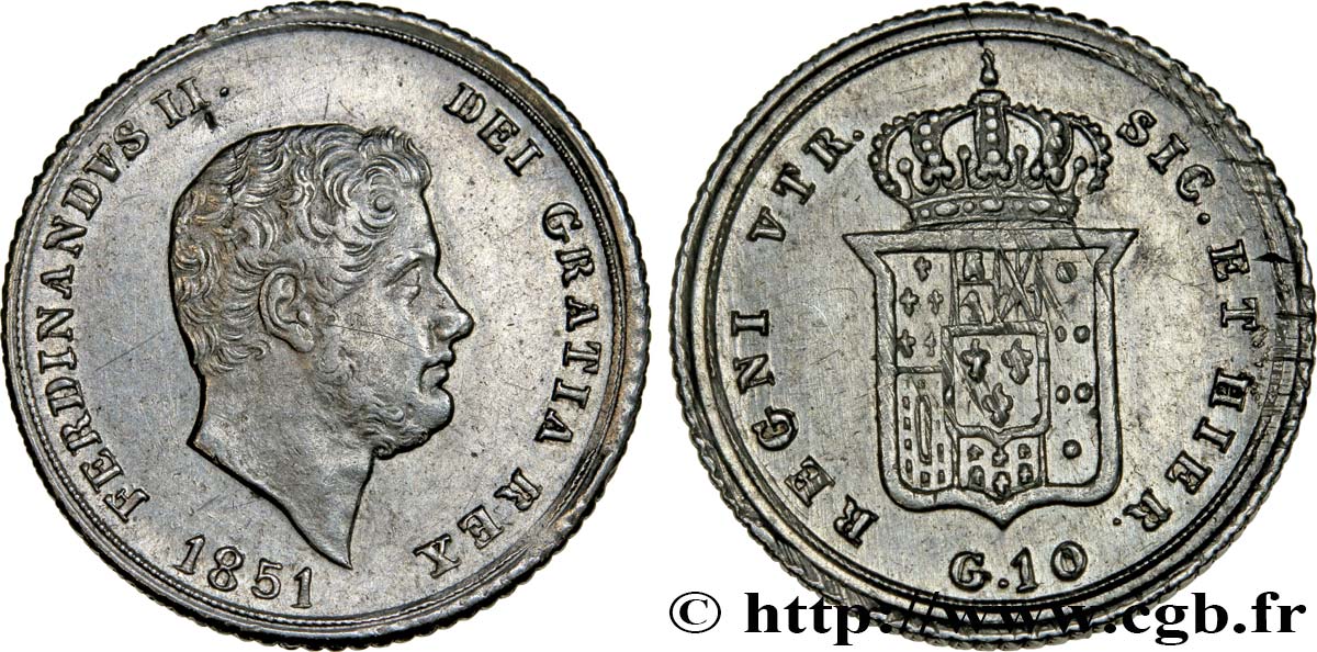ITALIE - ROYAUME DES DEUX-SICILES 10 Grana Ferdinand II 1851 Naples TTB+ 