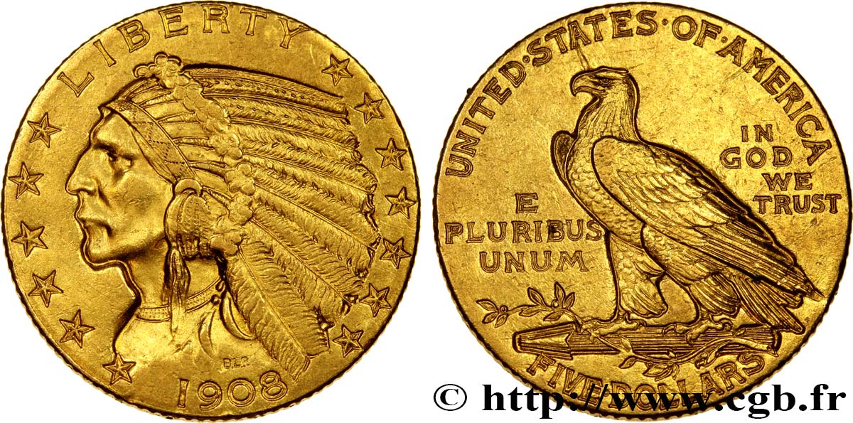 ÉTATS-UNIS D AMÉRIQUE 5 Dollars or  Indian Head  1908 Philadelphie TTB+ 