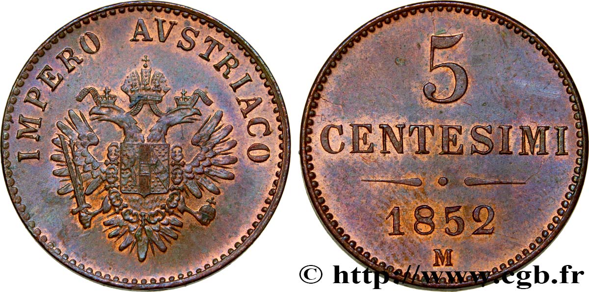 ITALY - LOMBARDY - VENETIA 5 Centesimi 1852 Milan  MS 