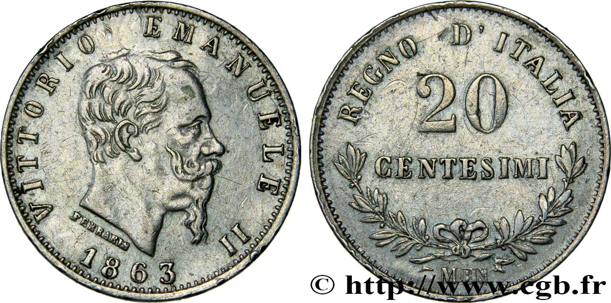 ITALIE 20 Centesimi Victor Emmanuel II 1863 Milan - M SUP 