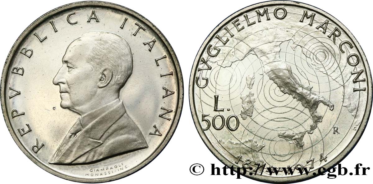 ITALY 500 Lire BE centenaire de la naissance de Gugielmo Marconi 1974 Rome - R MS 