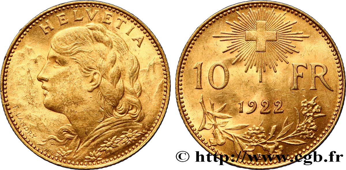 SUISSE 10 Francs  Vreneli  1922 Berne TTB+/SUP 