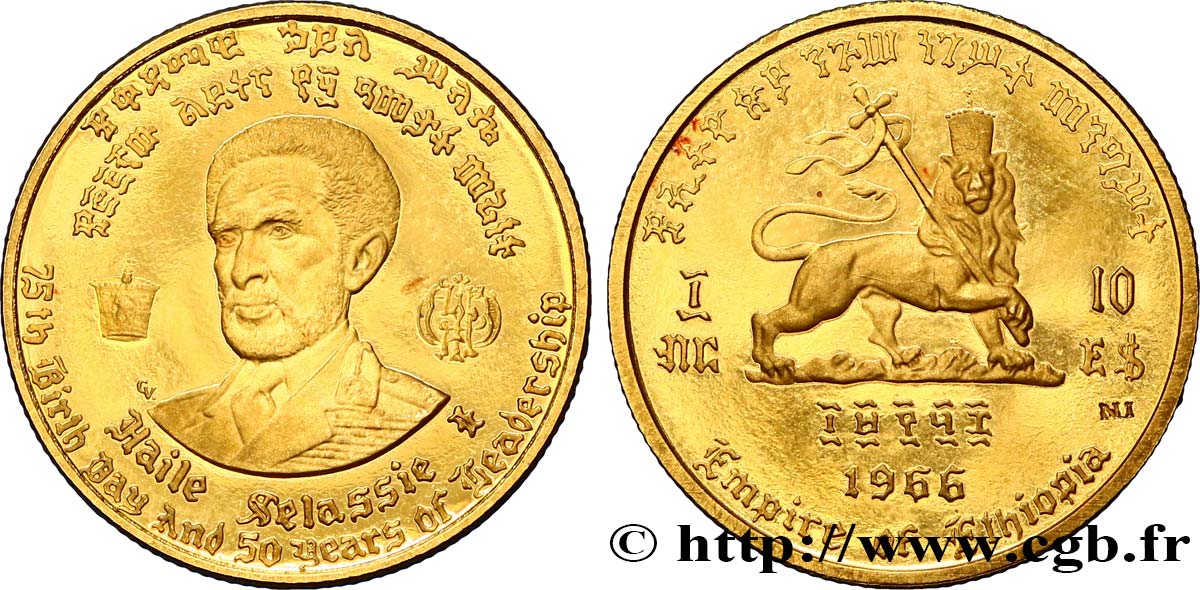 ÉTHIOPIE 10 Dollars empereur Hailé Sélassié 1966 SPL