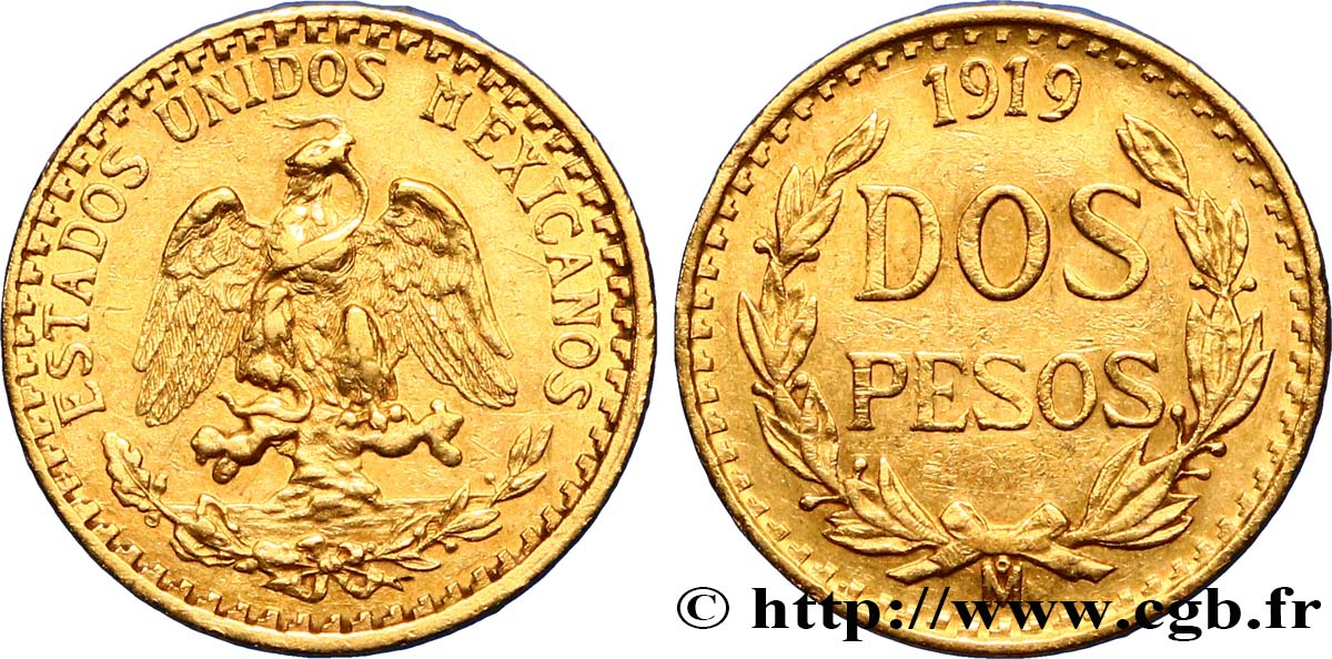 MEXIQUE 2 Pesos or Aigle du Mexique 1919 Mexico TTB+ 