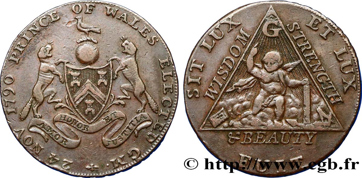 ROYAUME-UNI (TOKENS) 1/2 Penny franc-maçonnique Middlesex pour l’élévation du Prince de Galles au titre de Grand-Maître 1790  TTB/TB+ 