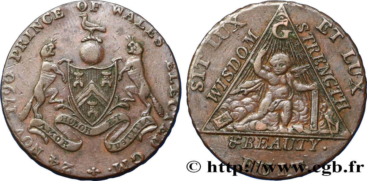 ROYAUME-UNI (TOKENS) 1/2 Penny franc-maçonnique Middlesex pour l’élévation du Prince de Galles au titre de Grand-Maître 1790  TTB/TB+ 