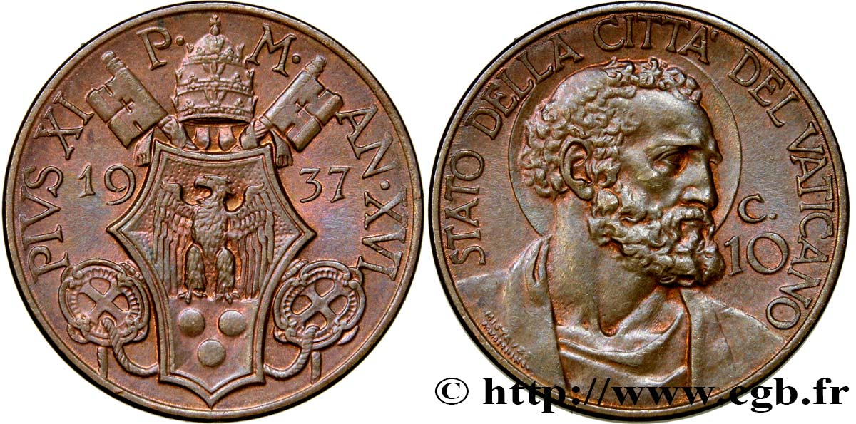 VATICAN ET ÉTATS PONTIFICAUX 10 Centesimi frappe au nom de Pie XI an XVI 1937 Rome SUP