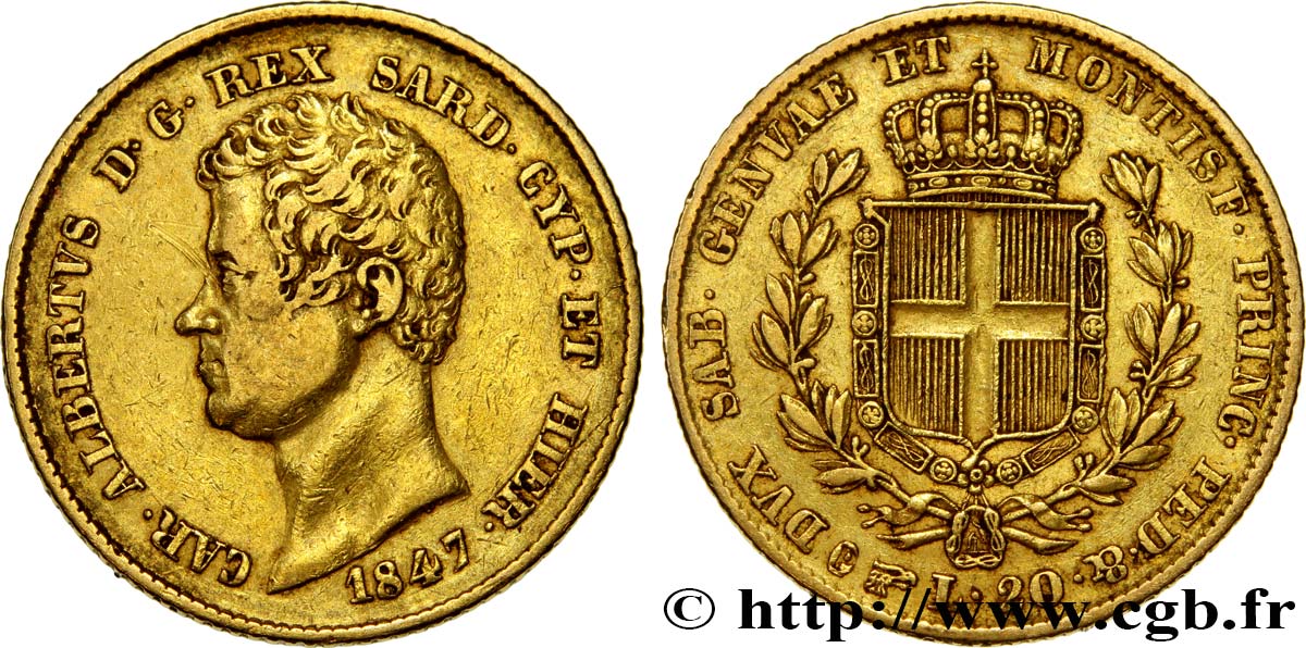 ITALY - KINGDOM OF SARDINIA 20 Lire Charles-Albert 1847 Turin XF 