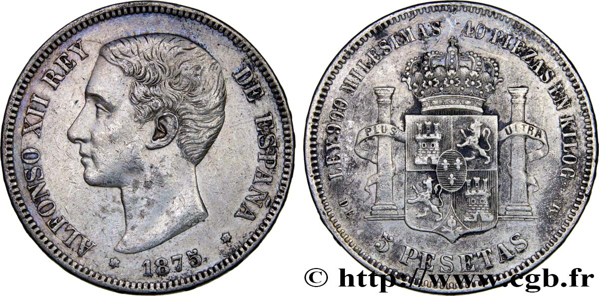 ESPAGNE 5 Pesetas Alphonse XII 1875 Madrid TTB 