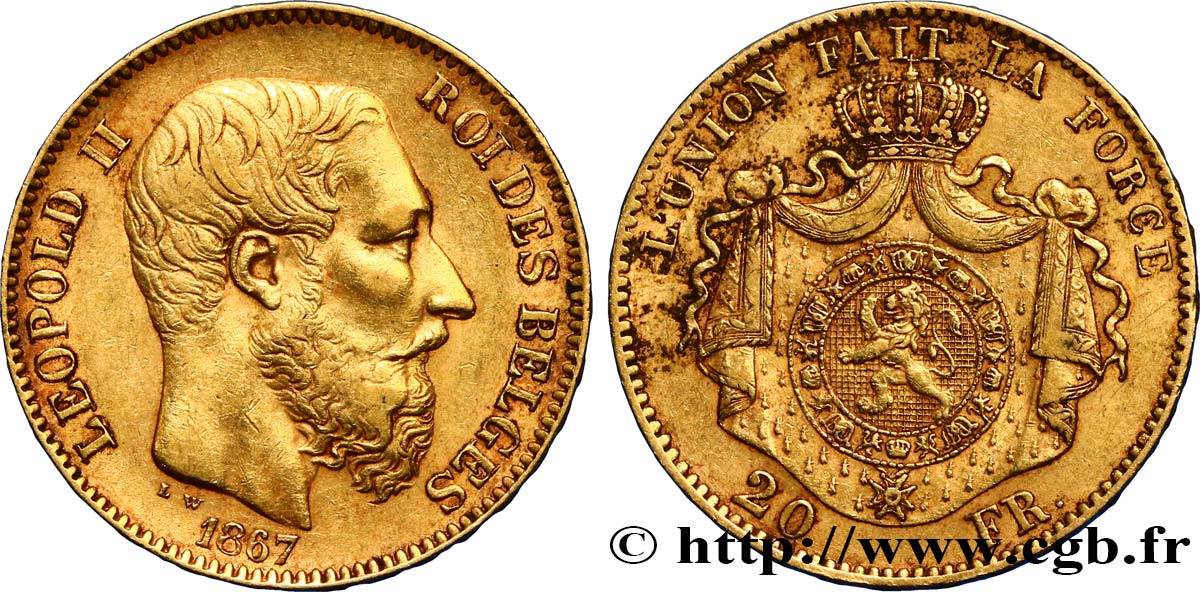 BELGIQUE 20 Francs or Léopold II 1867 Bruxelles TTB 