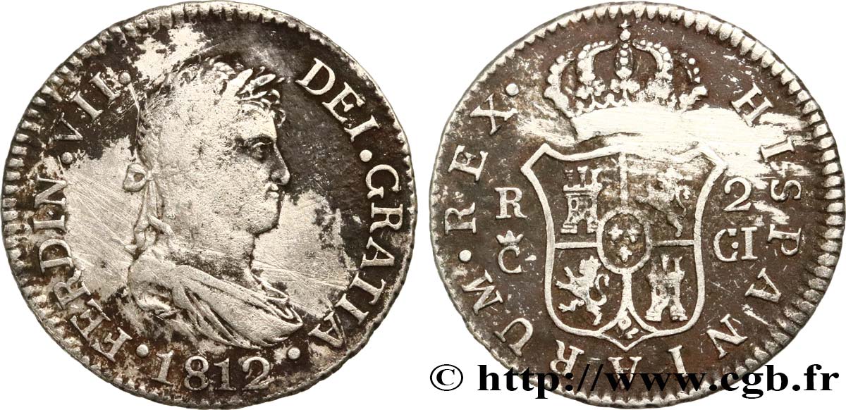 ESPAGNE 2 Reales Ferdinand VII 1812 Cadix TB 