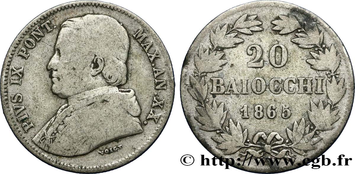 VATICAN AND PAPAL STATES 20 Baiocchi Pie IX an XX 1865 Rome VF 