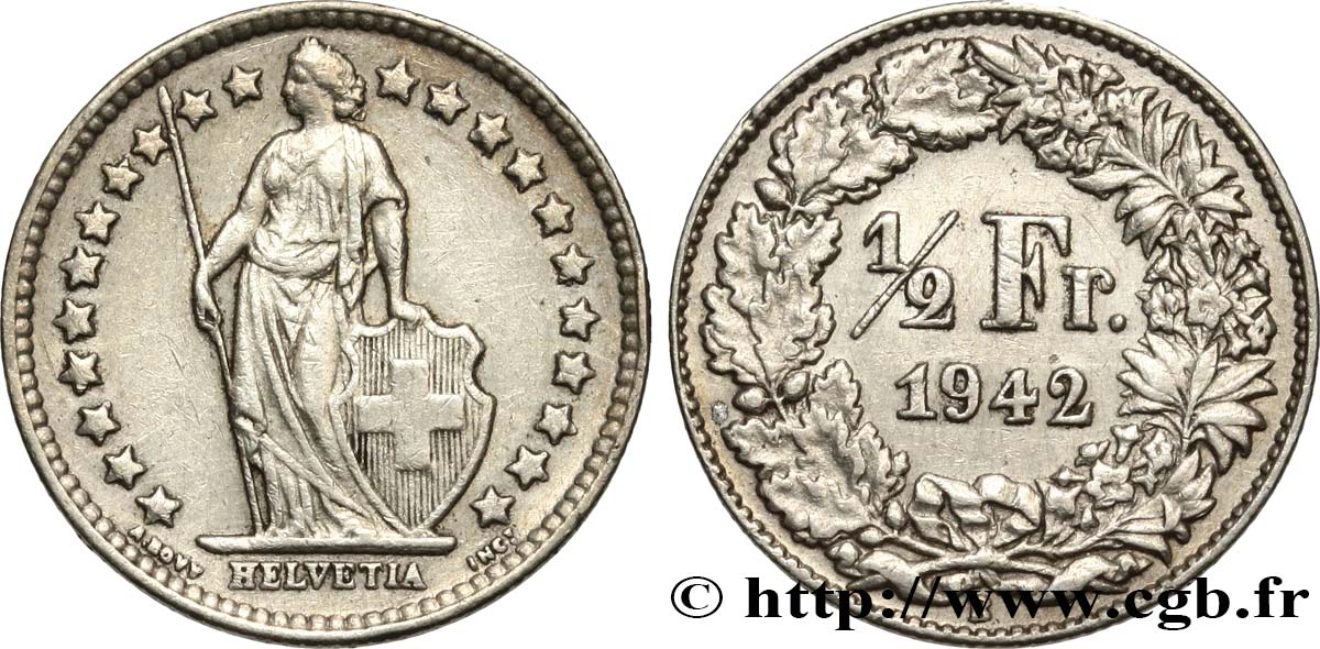 SUISSE 1/2 Franc Helvetia 1942 Berne SUP