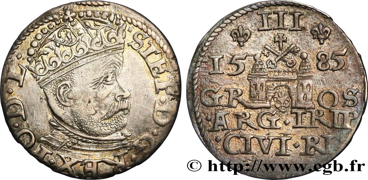 POLOGNE - LIVONIE - ÉTIENNE Ier BATHORY Trois groschen 1585 Riga TTB+