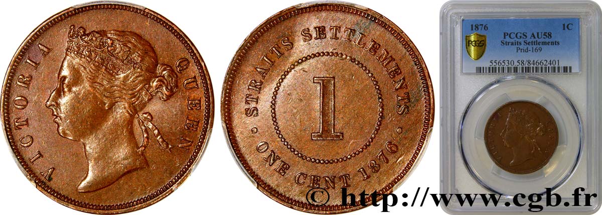 MALAYSIA - STRAITS SETTLEMENTS 1 Cent Victoria 1876  AU58 PCGS