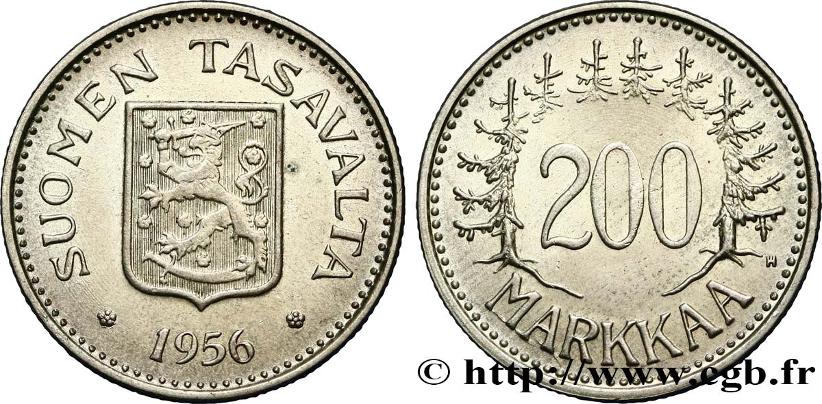 FINLANDE 200 Markkaa emblème au lion / valeur faciale entourée de sapins 1956 SUP