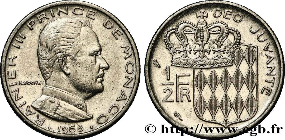 MONACO 1/2 Franc Rainier III / écu couronné 1965 Paris TTB+