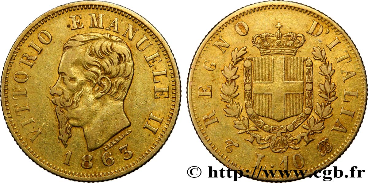 ITALIE 10 Lire Victor Emmanuel II 1863 Turin TTB 