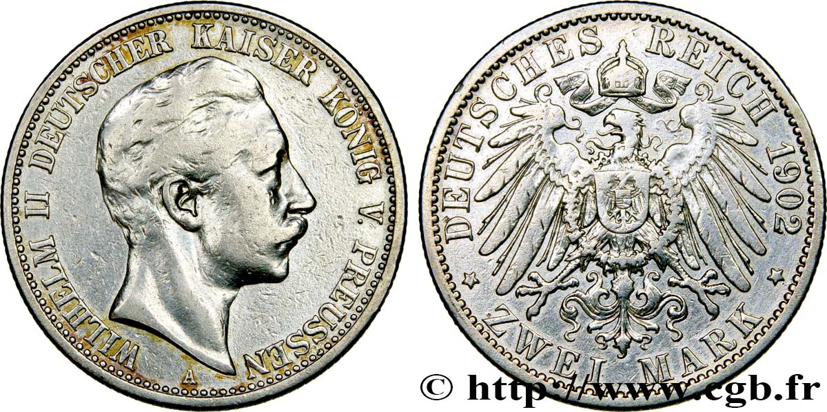 GERMANY - PRUSSIA 2 Mark Guillaume II 1902 Berlin VF 