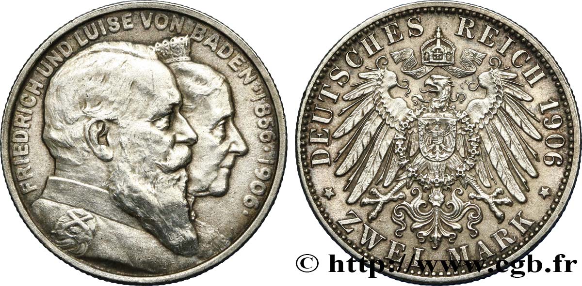 ALLEMAGNE - BADE 2 Mark noces d’or de Frédéric et Louise 1906 Karlsruhe TTB+/SUP