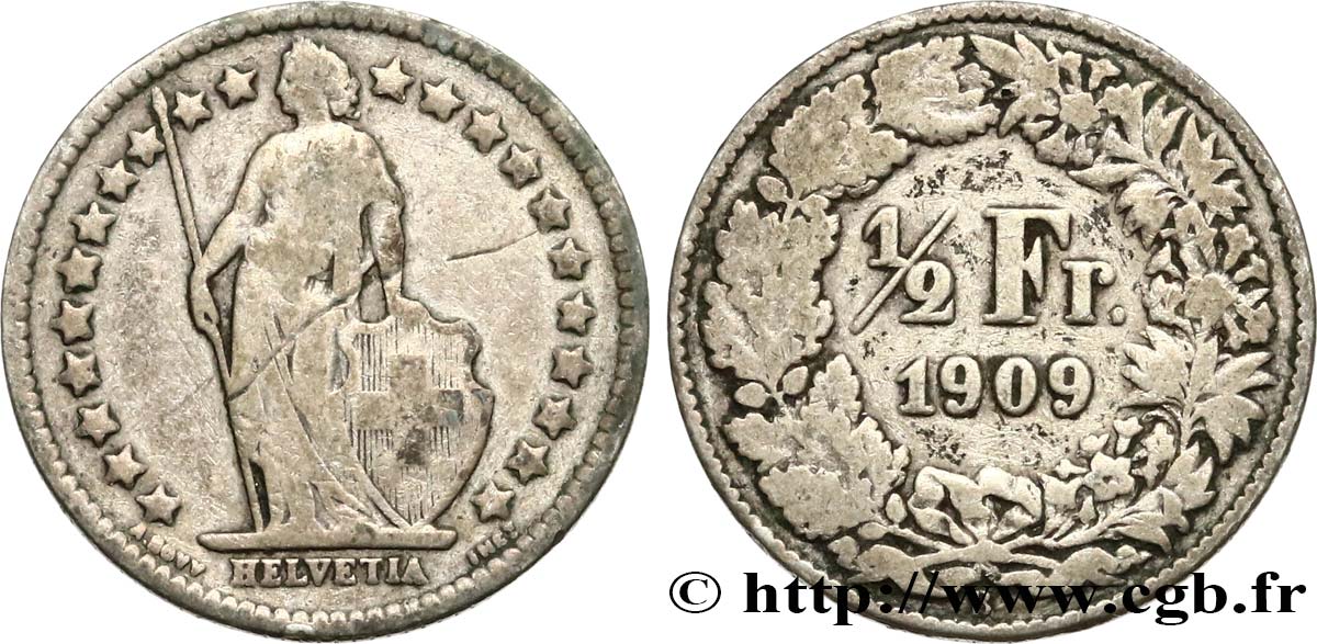SUISSE 1/2 Franc Helvetia 1909 Berne - B TB+