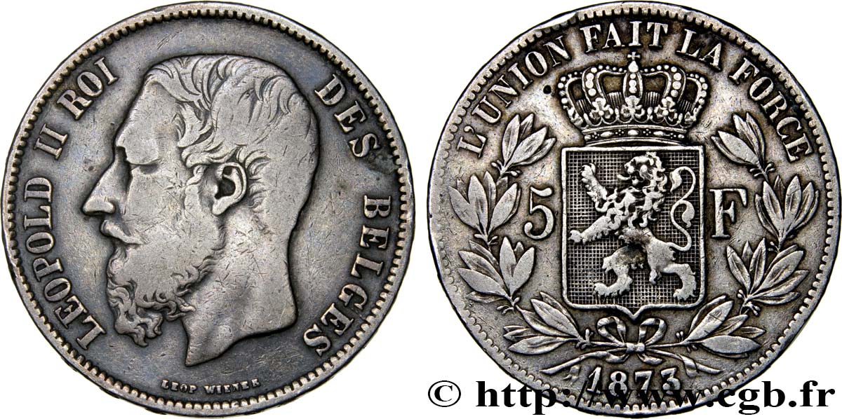 BELGIUM 5 Francs Léopold II 1873  VF/VF 