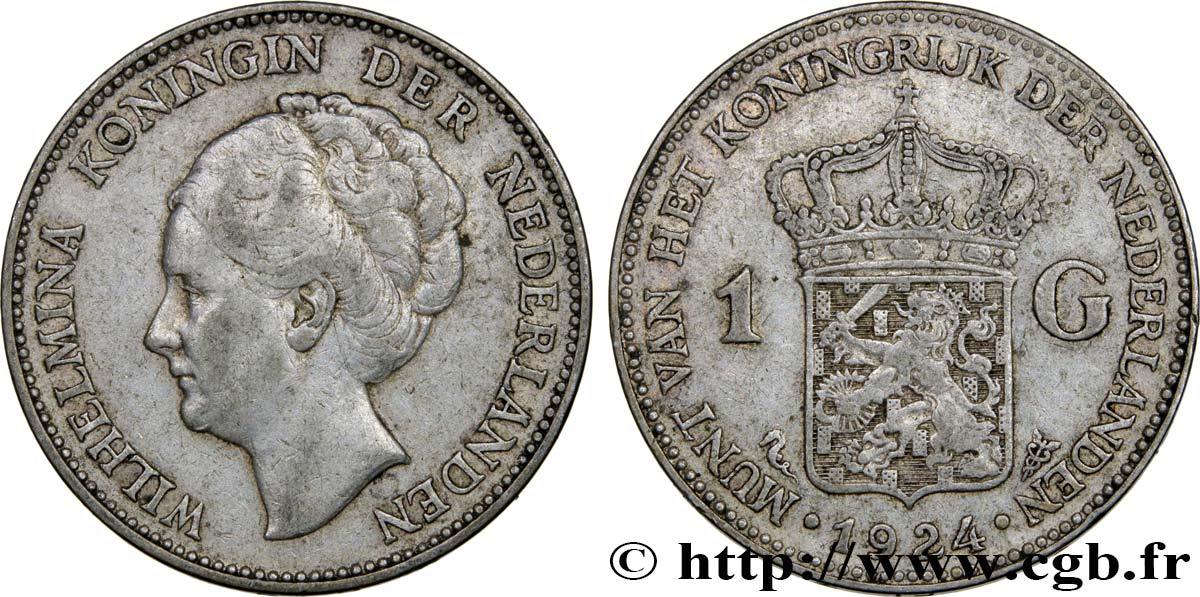 NETHERLANDS 1 Gulden Wilhelmina 1924  XF 
