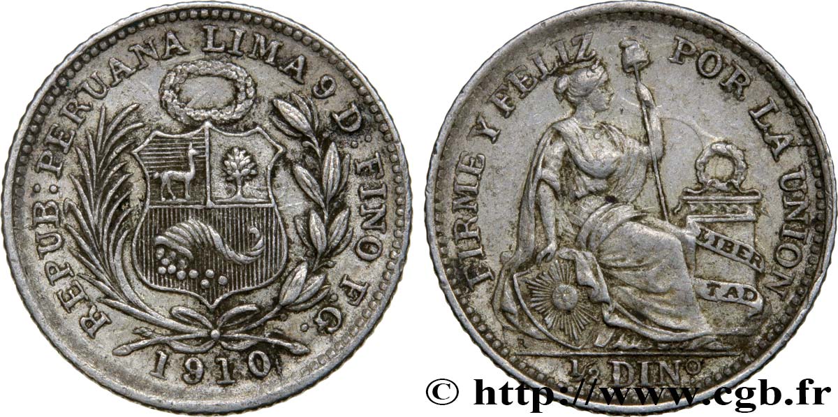 PERU 1/2 Dinero “Liberté” 1910 Lima XF 