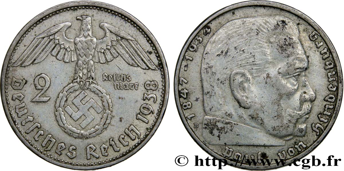 GERMANY 2 Reichsmark aigle surmontant une swastika / Maréchal Paul von Hindenburg 1938 Munich XF 
